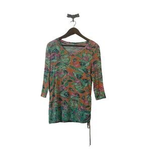 Casey Key Peachy Tropical Costal Flamingo and Palm Print Top Women's Size Small